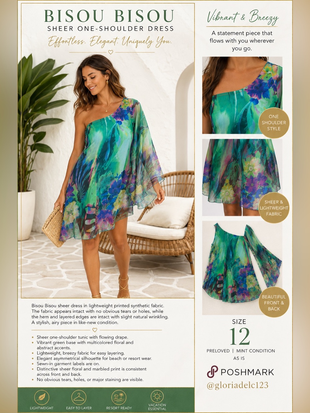 Bisou Bisou Green Floral One-Shoulder Tunic Cover-Up